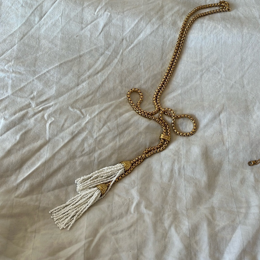 J. Crew white beaded Tassel Necklace